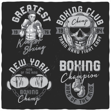Set of labels for t-shirts. Boxing theme. Black and white. Illustrations with lettering.