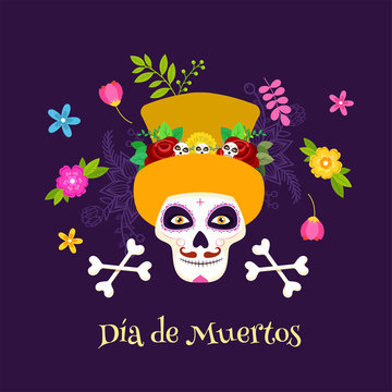 Dia De Muertos celebration poster design with sugar skull or calaveras, crossbones and flowers decorated on purple background.