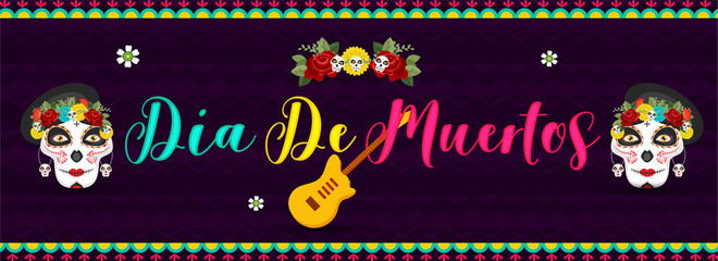 Colorful calligraphy of Dia De Muertos with sugar skulls or calaveras and guitar on purple wavy striped background. Header or banner design.