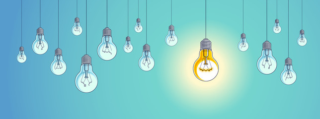 Idea concept, think different, light bulbs group vector illustration with single one is shining, creative inspiration, be special, leadership.
