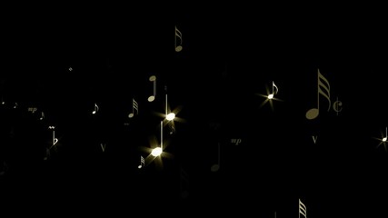 Golden sparkling music notes streaming from screen. Background or overlay animation loop for music, holiday and special event projects.