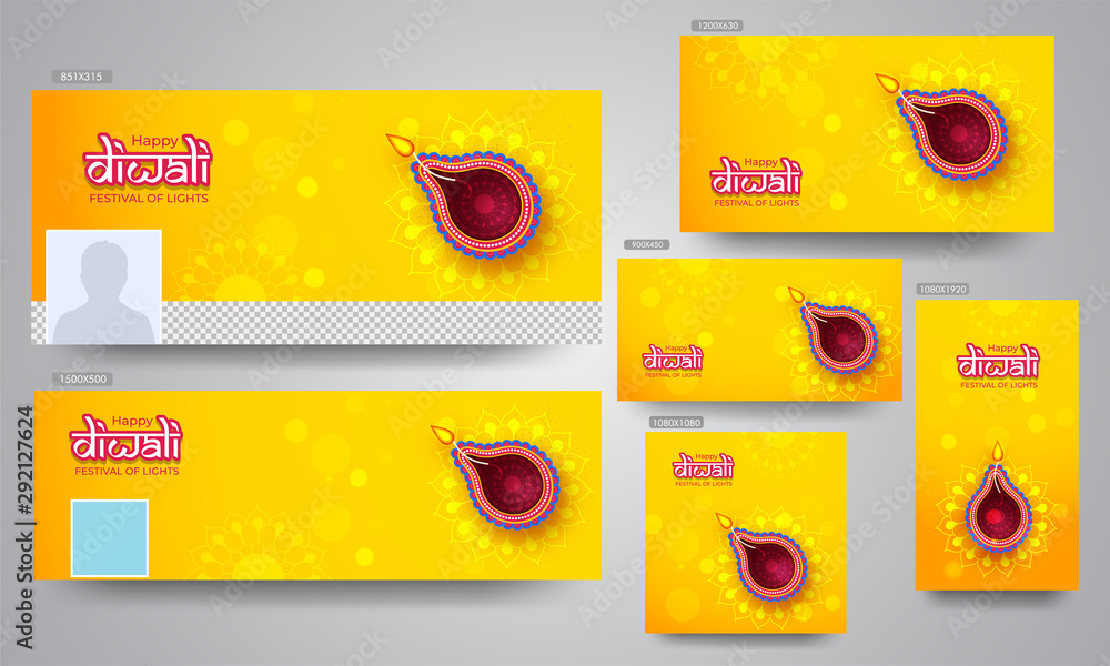 Sticker Happy Diwali banner, poster and template design with top view of illuminated oil lamp (Diya) on yellow floral pattern background.