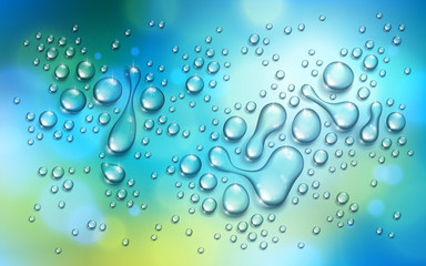 Water rain drops or condensation over blurred green and blue nature background beyond the window, realistic transparent 3d vector illustration, easy to put over any background.