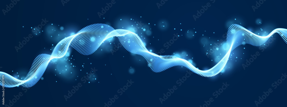 Poster wave line of flowing particles over dark abstract vector background, smooth curvy shape shining dots
