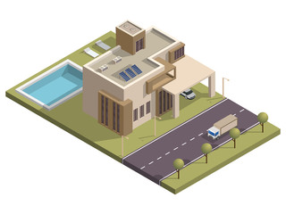Isometric building with swimming pool and car parking along transport street background.