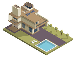 Isometric skyscraper building with swimming pool and garden yard background.