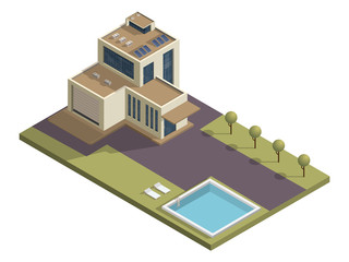 Isometric building with swimming pool and garden yard background.