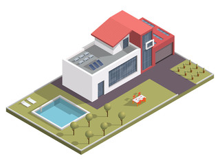 Isometric building with swimming pool and dining table along garden yard background.