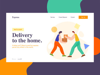 Obraz na płótnie Canvas Landing page design with hand to hand parcel delivery by man for Delivery to the home.