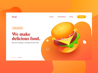 Responsive web banner or landing page design with presenting burger for We make delicious food.