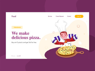 Web banner or landing page design with chef character presenting pizza on pan and given message We Make Delicious Pizza.