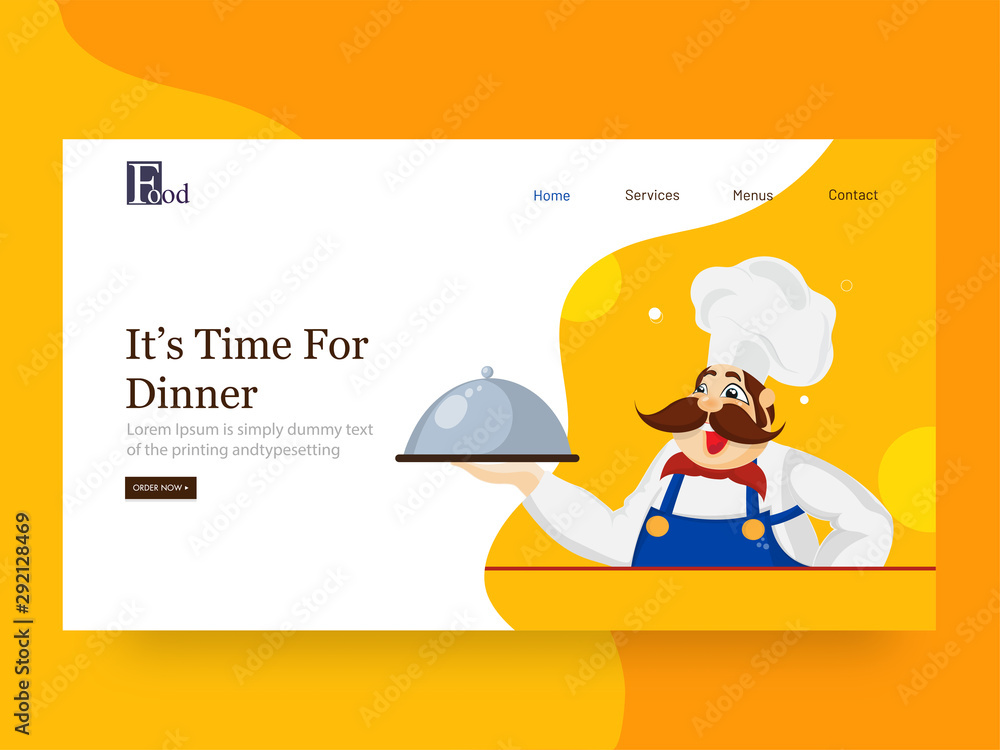 Poster it's time for dinner landing page design with chef character holding cloche on abstract background.