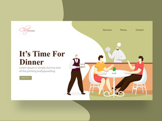 It's Time For Dinner landing page design with chef serving, man and woman sitting at a restaurant table.