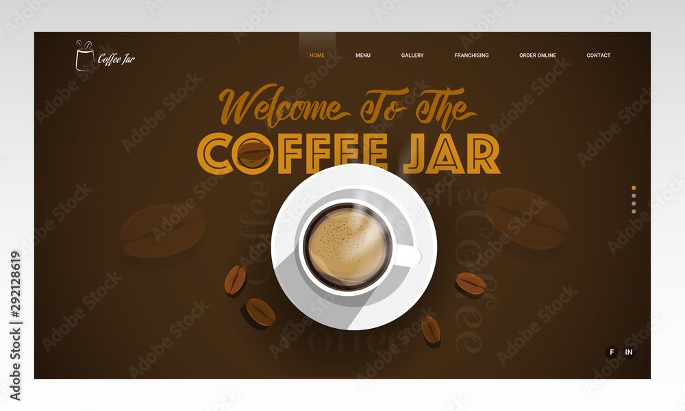 Poster top view of coffee cup and beans decorated on brown background with given message as welcome to the 