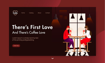 Landing page design with young boy and girl drinking coffee at cafe table on brown background.