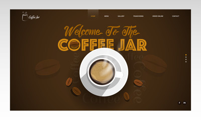 Top view of coffee cup and beans decorated on brown background with given message as Welcome To The Coffee Jar. Landing page design.