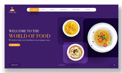 World Of Food Landing page design with presenting different dishes on purple background.