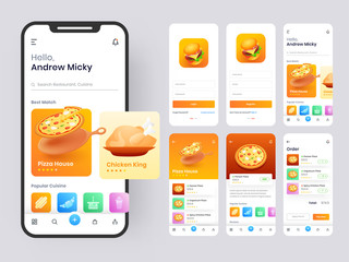 Food mobile app ui kit including sign up, food menu, booking and home service type review screens. - obrazy, fototapety, plakaty