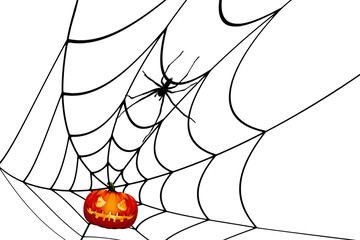 Halloween Concept background with pumpkin stuck on a spider web.