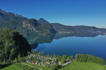 Aerial view. Beautiful panorama of lake Kochelsee, Bavaria Germany. Flying on drone.