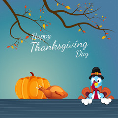 Illustration of turkey wearing pilgrim hat with pumpkin, chicken and autumn branches on blue background for Happy Thanksgiving Day celebration.