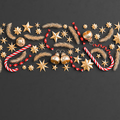 Merry Christmas and happy new year background. Christmas ornaments on black background. 3D illustration.