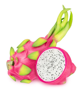 Whole and halved fresh dragon fruits isolated on white background. As package design element.