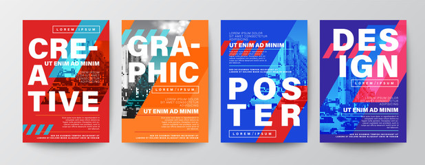 Set of Creative Graphic Design layout. Typography on diagonal grid with red and blue background for Poster, Brochure, Flyer, leaflet, Annual report, Book cover, banner. Template in A4 size. - obrazy, fototapety, plakaty