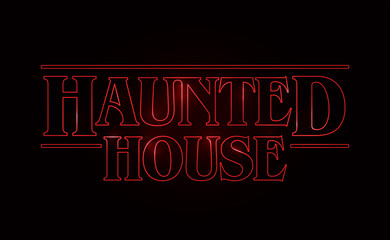 Haunted House text design, Happy Halloween word with Red glow text on black background. 80's style, eighties design. Vector illustration