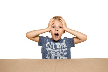 Cute, astonished little boy opening the biggest postal package. Shocked, happy young male model on...