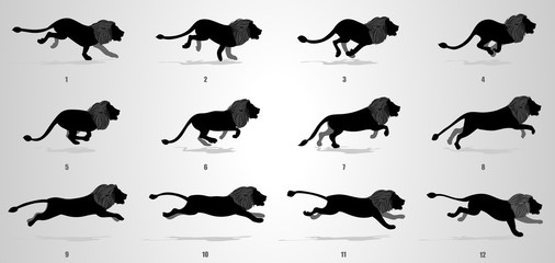 Lion run cycle animation sequence silhouette