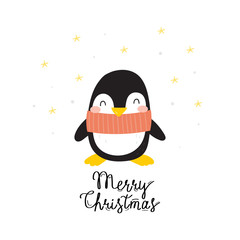Cartoon cute penguins vector character. Christmas print with penguins in hats. Merry Christmas card. Bright funny cartoon card .
