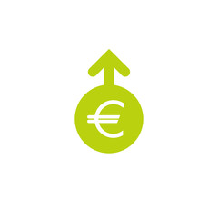 Euro growth vector icon. White euro sign in green circle with arrow up. Flat icon. Isolated on white.