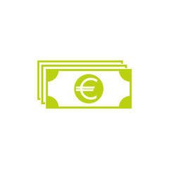 Green bank note with euro sign. Flat icon isolated on white. Money pictogram.