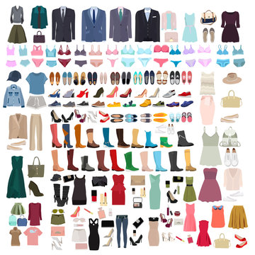 vector, isolated, set of women and men clothes and shoes