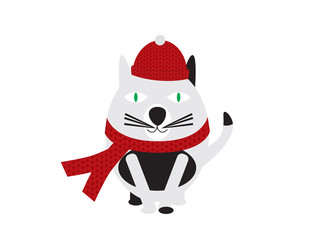Black and White Cartoon Cat Wearing Knitted Hat and Scarf