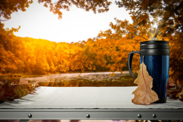 Autumn thermos and free space for your decoration. 
