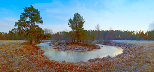 Autumn panorama with a pond and forest in the background
