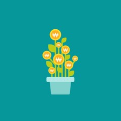 Plant in pot with green leaves and korean won coins as a flower. vector icon. Income growth flat icon.