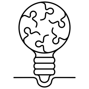 bulb puzzle vector icon in outlines. Black aesthetic contour.	