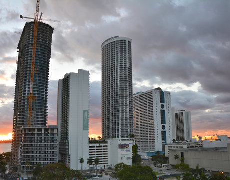 MIAMI, USA - MARCH 18, 2017 : Sunrise over Downtown Miami city.