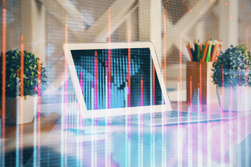 Multi exposure of chart and financial info and work space with computer background. Concept of international online trading.