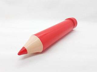 Artistic Red Writing Utensils Case with Unique Special Design of Huge Pencil Shape for Kids in White Isolated Background