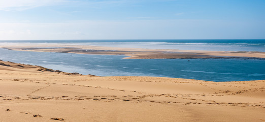 The Dune du Pilat of Arcachon in France, the highest sand dunes in Europe: paragliding, oyster cultivation, desert and beach.