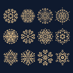 Abstract geometric pattern with lines, snowflakes. A seamless vector background. Dark blue and gold texture. Graphic modern pattern