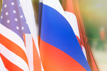 Us flag and Russian flag. background. The friendship of the countries. Conflict between the two countries
