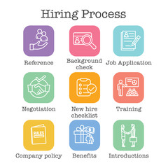 Hiring Process icon set with Benefits, background check, introductions, etc