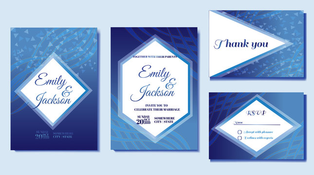 Set Of Blue Wedding Invitation Card, Curve Style With Line And Glitter. Elegant Classic Shape Border In Blue Background