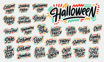 Fototapeta premium Set of hand lettered Halloween phrases. Spooky autumn quotes. Party lettering, calligraphy. Fall vector illustrations. Vector illustration