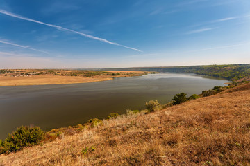Beautiful autumn landscape with a river in the early morning, The Dniester river in Moldova near the village of Molovata